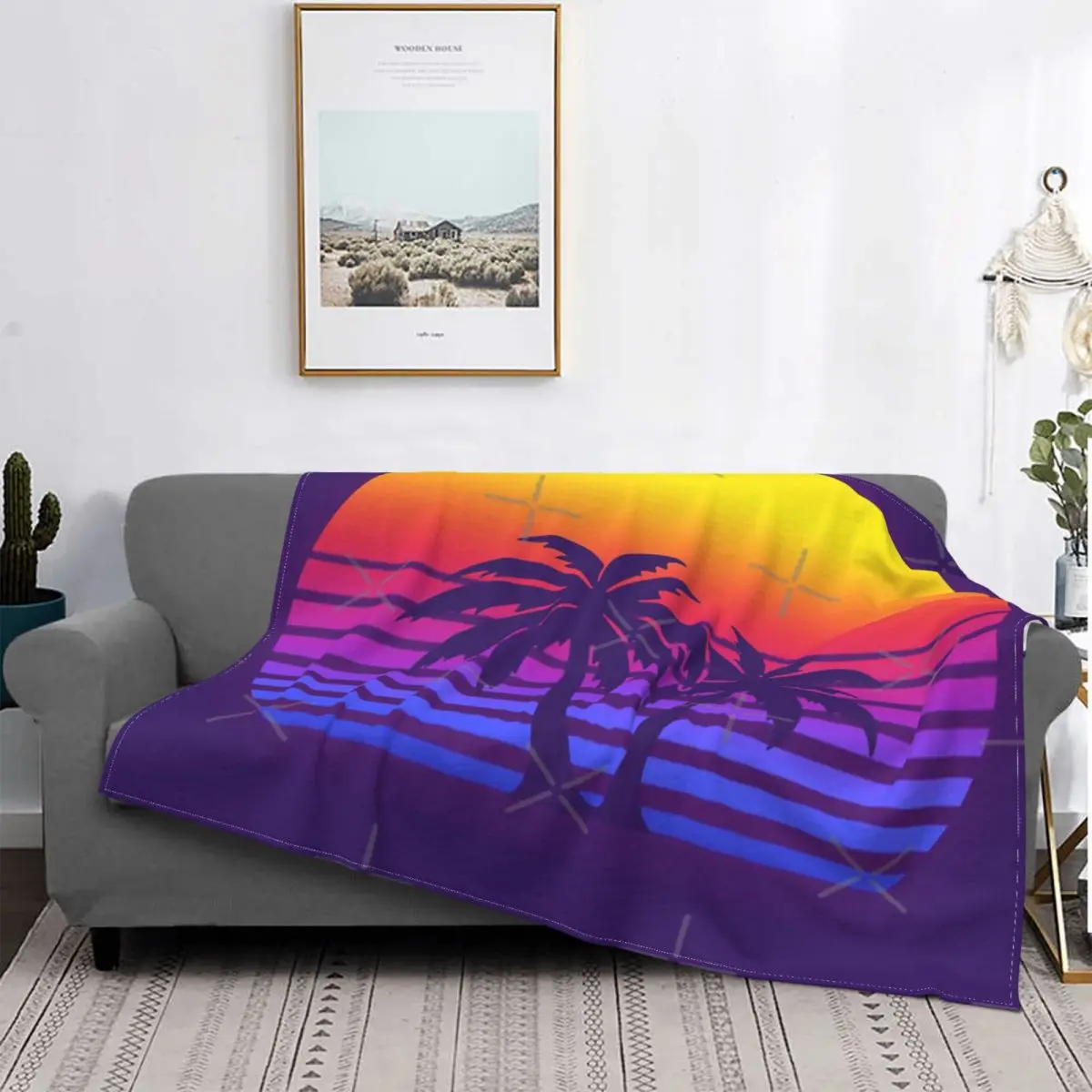 

Synthwave-Manta de palmeras y sol para niños, colcha a cuadros para cama, toalla de playa, manta a cuadros