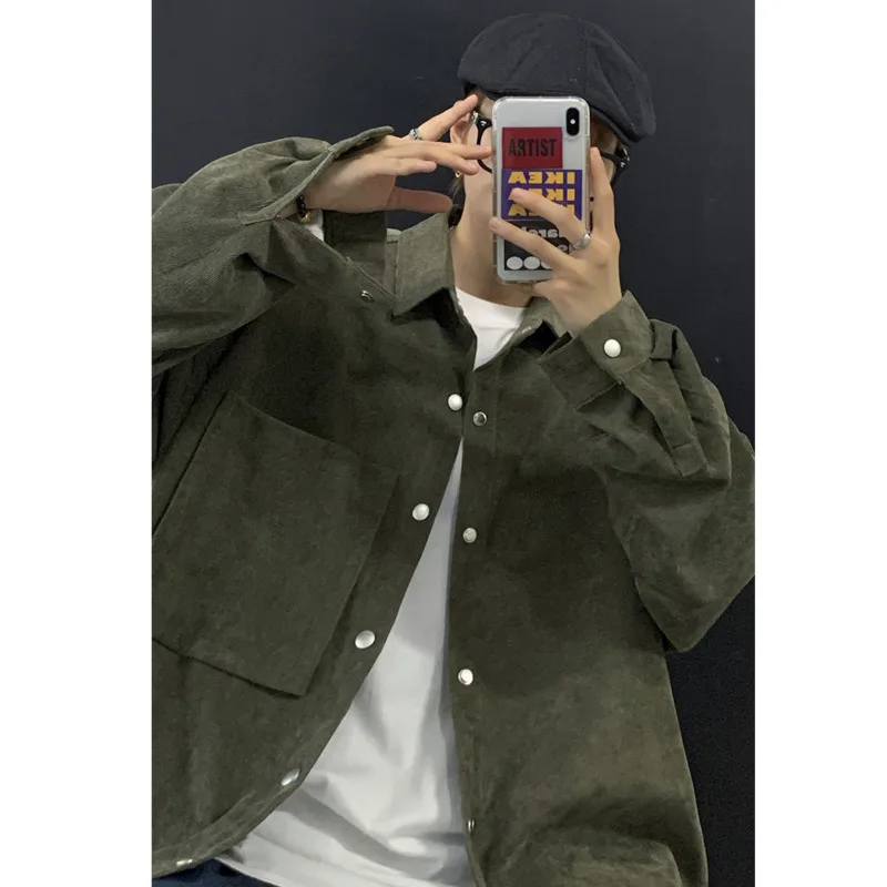

Men's long-sleeved shirt 2021 spring autumn new solid color retro corduroy jacket couple neutral loose casual student S-XL