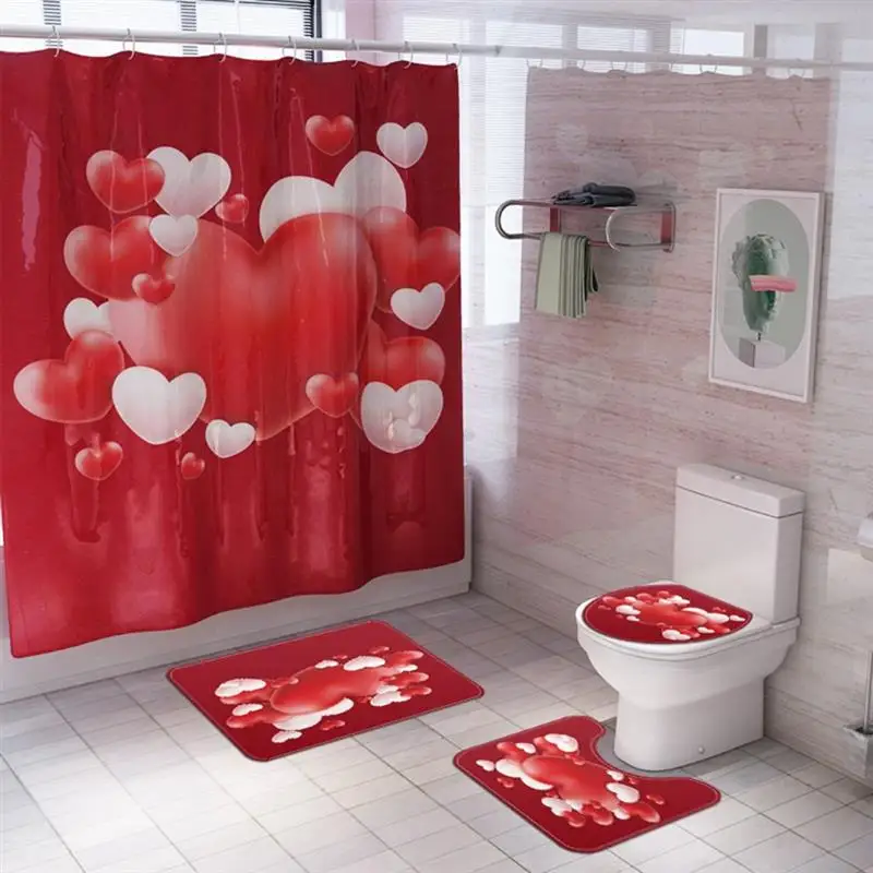 

Shower Curtain Valentine'S Day Romantic Red Heart Shape Waterproof Polyester Bath Curtain For Bathroom Accessories With 12 Hooks