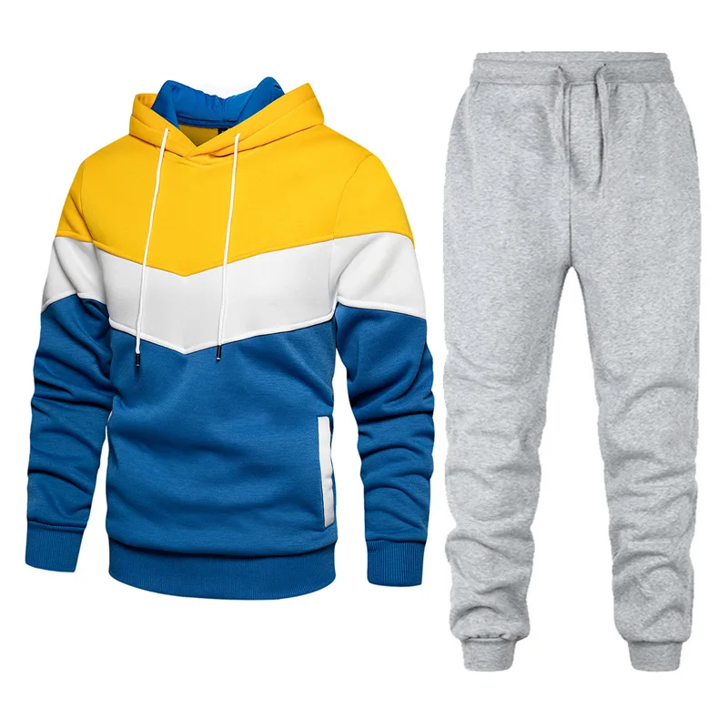 

2021 Autumn And Winter New Men's Brand Casual Suit Jogging Sports Stitching Hoodie + Pants 2-Piece Set Of Men's Pullover