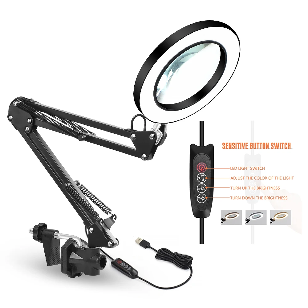 

8W LED 3 Colors Clip Table Lamp Dimmable Reading Light with 5X Large Magnifying Glass Nail Beauty Eye Protection Lights USB Plug
