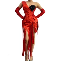 sparkling black diamond red tassel bodysuit crystal gloves one shoulder v neck sknny women jumpsuit birthday party outfit