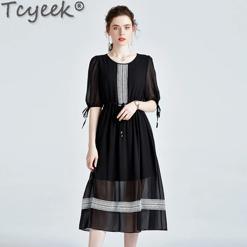 

Летнее шелковое платье Tcyeek 100%, черные пляжные платья средней длины для женщин, модные женские платья в Корейском стиле, летние платья Gxy15, 2021