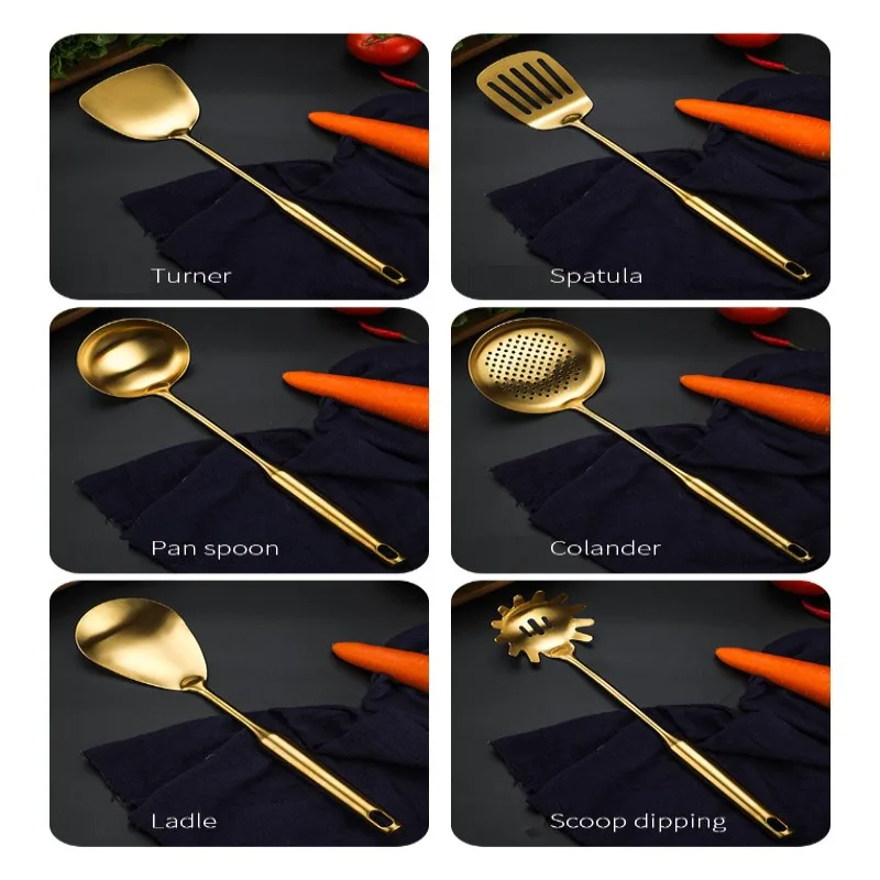 

Stainless Steel Long Handle Gold Cooking Utensils Scoop Set Shovel Soup Ladle Slotted Spoon Spatula Rice Spoon Kitchenware Set