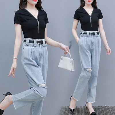 

Fashion Jean Suit For Women Matching Sets Korean Tracksuit 2 Piece Set Top And Pants Women's Trousers Ensemble Femme Survetement