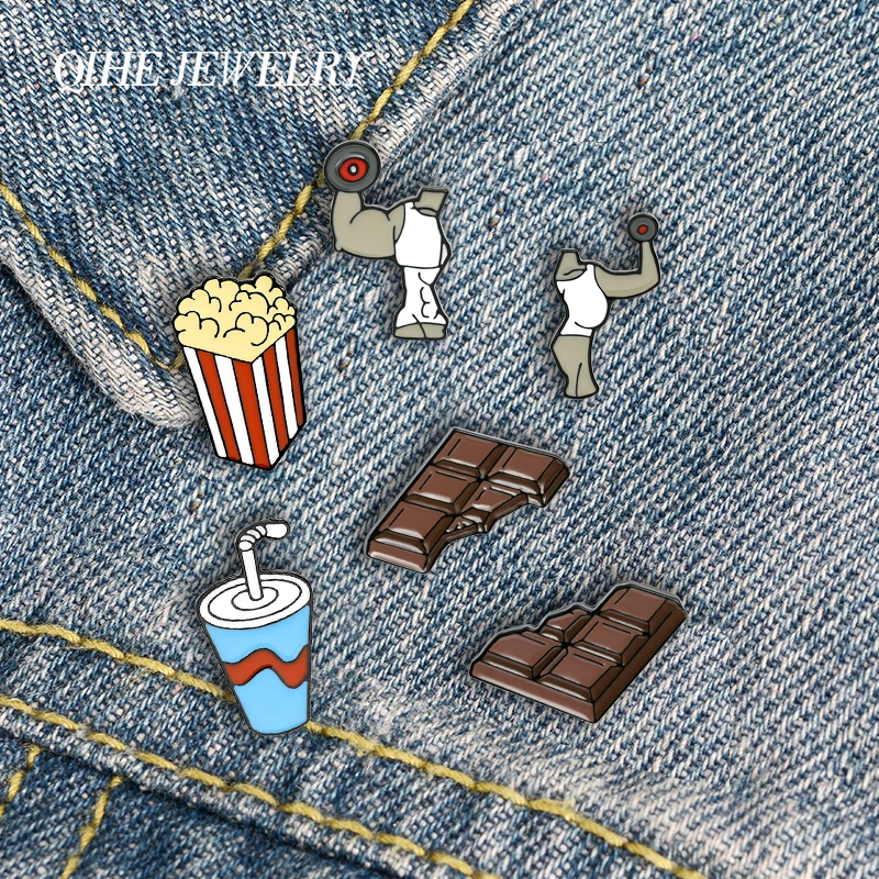 

QIHE Jewelry Fitness Exercise Enamel Pins Biceps Cola Popcorn Chocolate Brooches Metal Badge Fashion Gifts for Friends Wholesale
