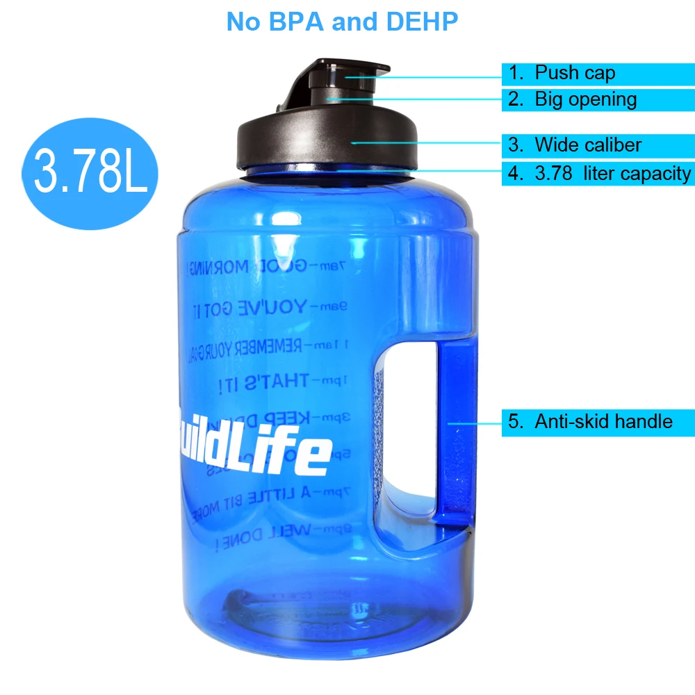 QuiFit пластик большой ёмкость 128 унц. 64 32 1 галлон бутылка для воды с красочным ремешком BPA бесплатно фитнес питьевой открытый