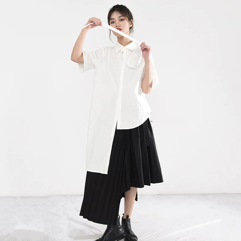 

[EAM] Women White Irregular Hem Big Size Blouse New Lapel Half Sleeve Loose Fit Shirt Fashion Tide Spring Autumn 2021 1DB18700