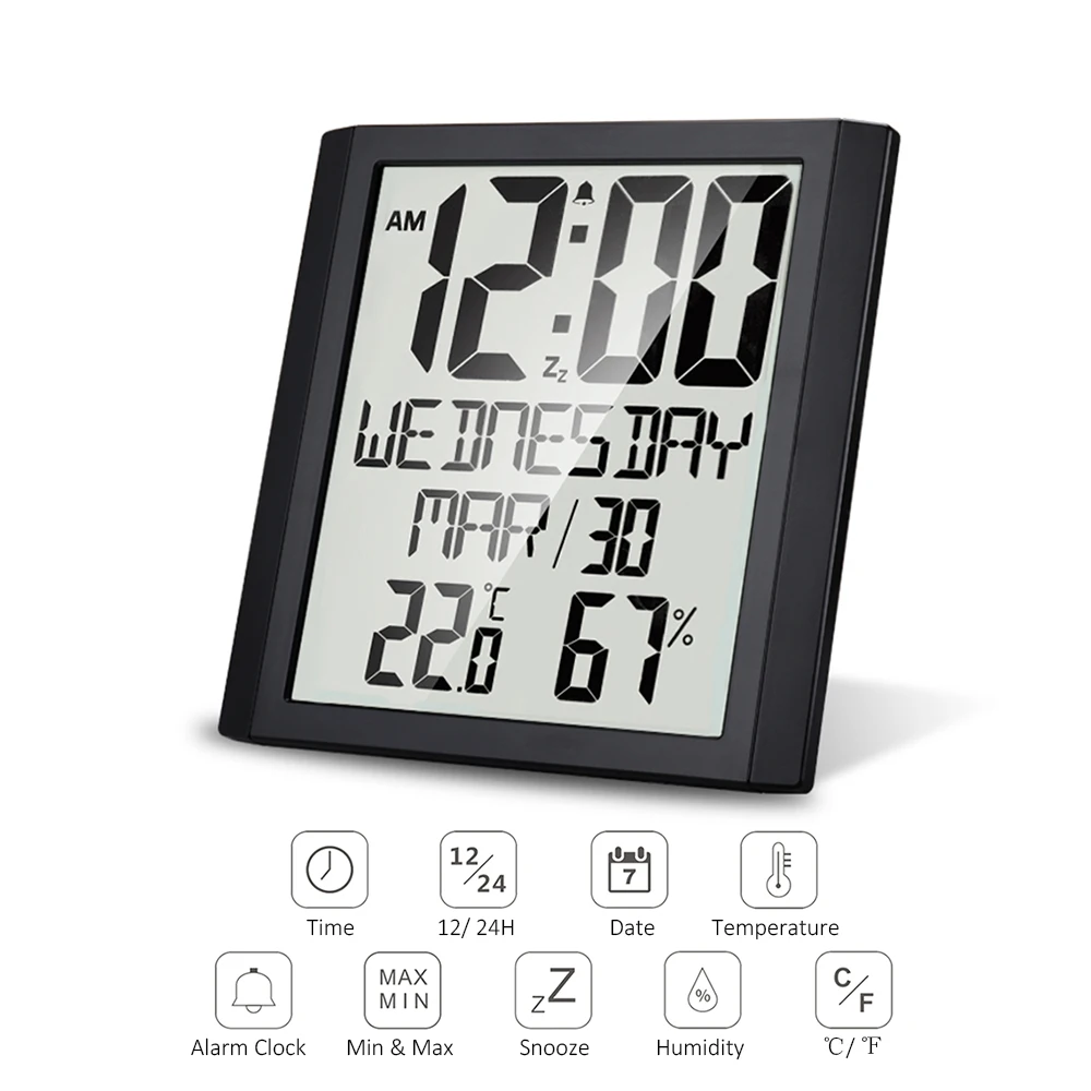 

Цифровые настенные часы с Температура & влажности 8,6 дюйма время/дата/будильник на неделю часы и повтор термо-гигрометр Погода монитор