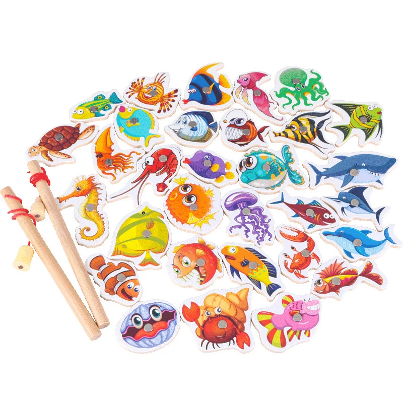 Wooden Magnetic Fshing Game Cartoon Marine Life Cognition Fish Rod Toys for Children Early Educational Parent-child Interactive | Игрушки и