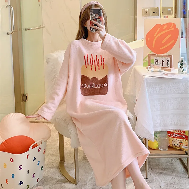 

Pink Coral Velvet Pajamas Women's Autumn Winter Thickened Plush Long Nightdress Raglan Sleeve Cute Flannel Letter Cake Nightgown