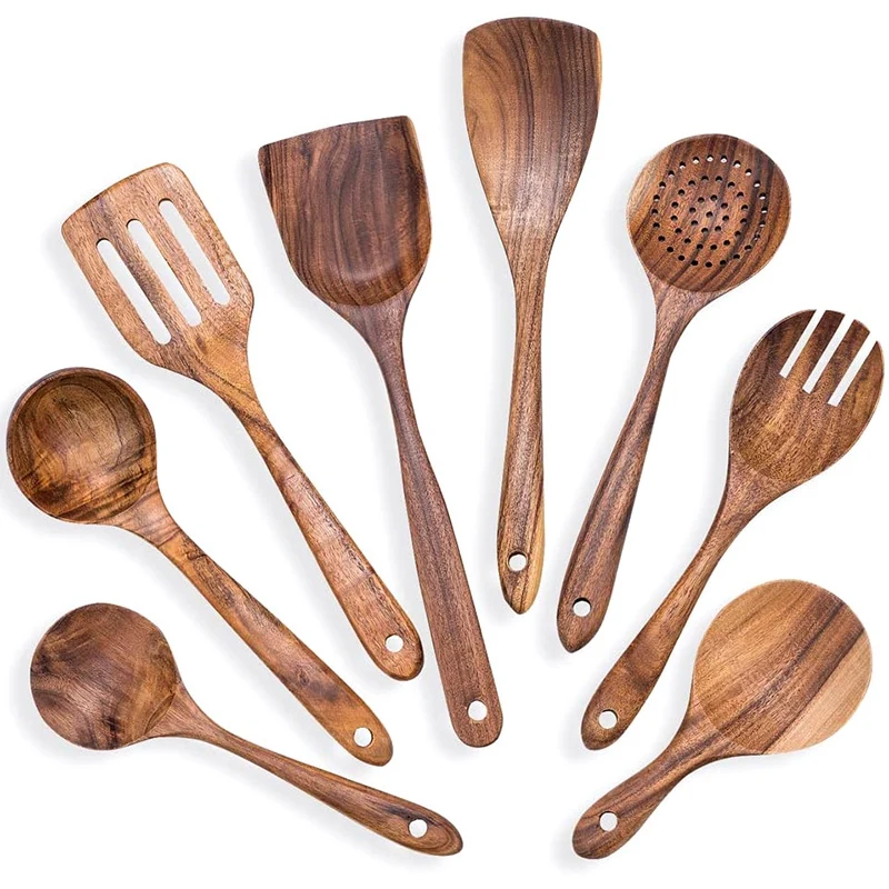

New 8Pcs Cooking Spoon Set Teak Cooking Utensil Set Wooden Kitchen Cooking Utensils Slet Kitchen Utensils Gadgets Set