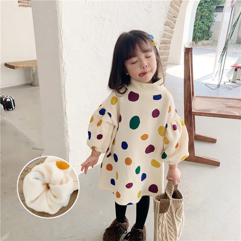 

Menoea Winter Warm Baby Girls Polka Dots Fleece Dresses Fashion Korean Sweater Dress Toddler Kids Clothes Casual Outfits 2-7Y