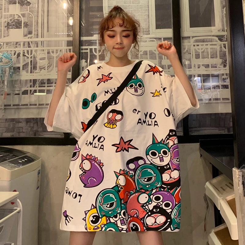 Летние женские футболки с мультяшным принтом винтажные длинные рубашки коротким
