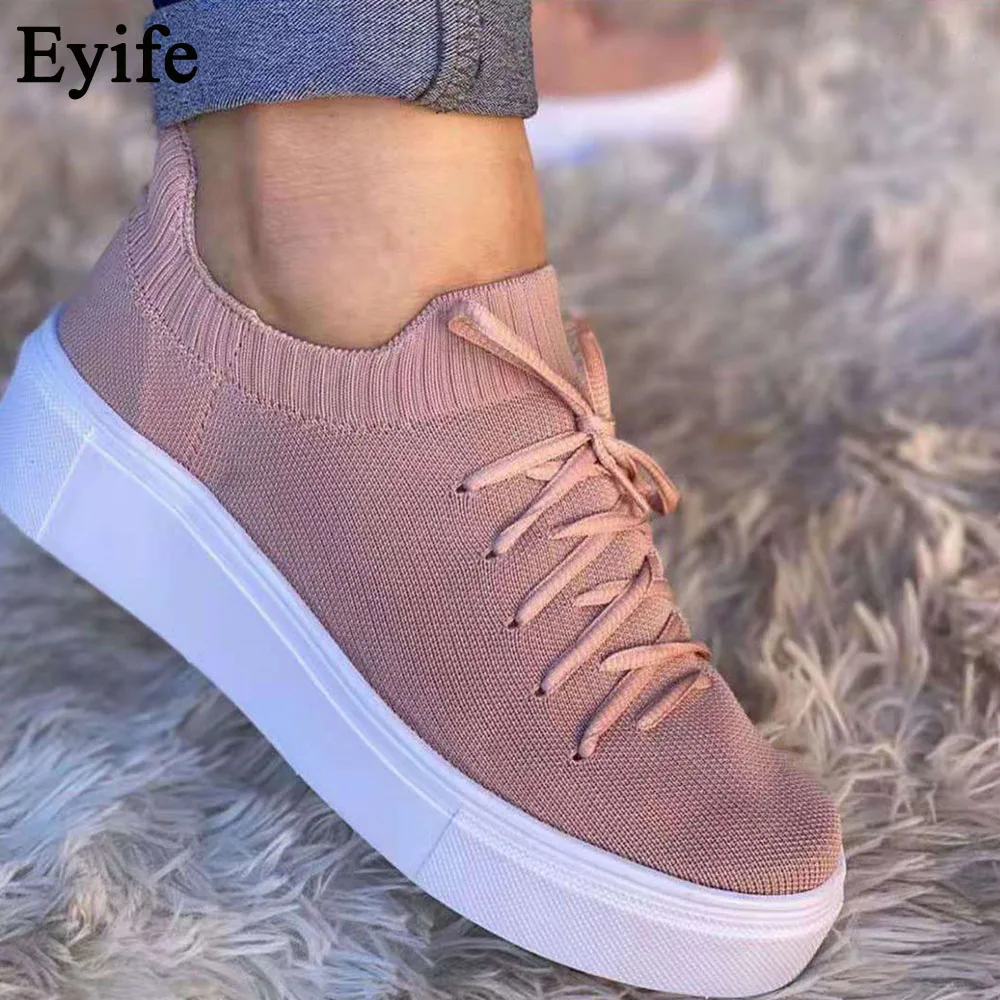 

New Vulcanized Shoes Women 2021 Summer Breathable Knitted Stretch Fabric Ladies Lace Up Trendy Sneakers 36-43 Large-Sized Flats