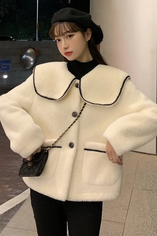 

Thickened Fleece Short Coat for Women Autumn and Winter All-Matching 2020 New Loose Short-Height Doll Collar White Top