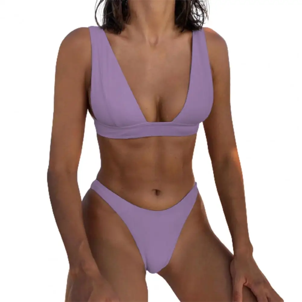 

2021 New Bikini Set Solid Color Push Up Brassiere Two Pieces Set Women Deep V Neck Bra Briefs Swimwear for Summer Bathing Suits