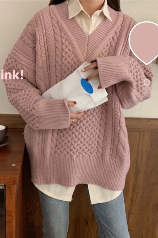 

Autumn Winter Korean Harajuku Loose Sweaters Women Vintage V Neck Drop Shoulder Thick Twist Knitted Pullover Jumpers for Girls
