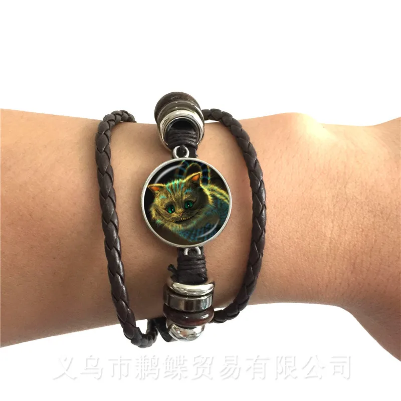 

Alice in Wonderland Bracelet Handmade Classic 20MM Glass Cabochon Black/Brown 2 Color Leather Bracelet Adjustable Bangle Gift