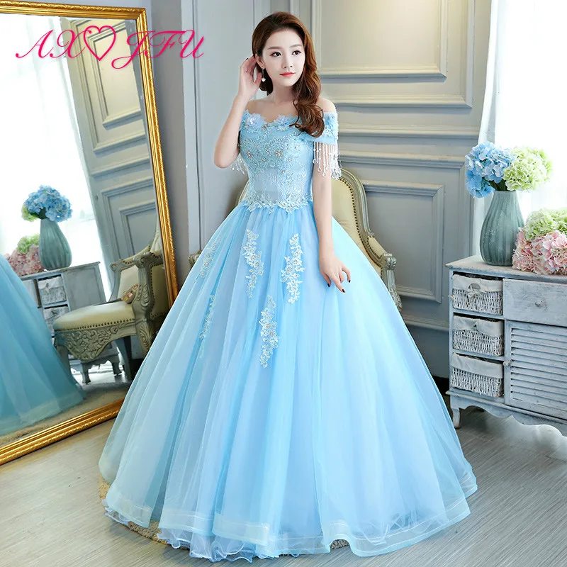 

AXJFU luxury princess blue lace bride evening dress vintage boat neck beading crystal sleeve flower host ball gown evening dress