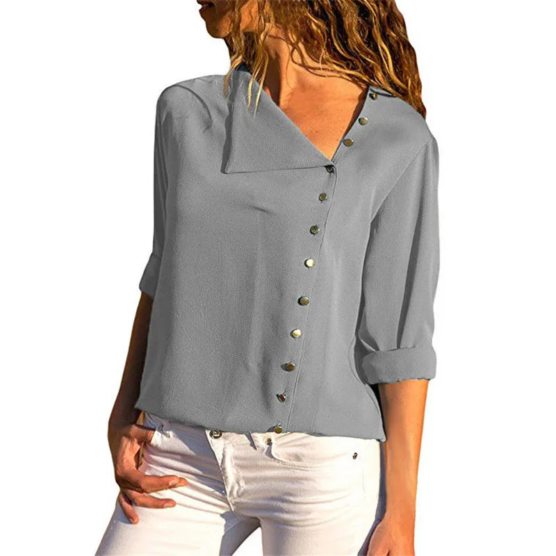 Office Ladies Solid T-shirts Big Size Gray Button Long Sleeve Chiffon Blouses Half Sleeve Casual Oversized Tops mujer camisetas