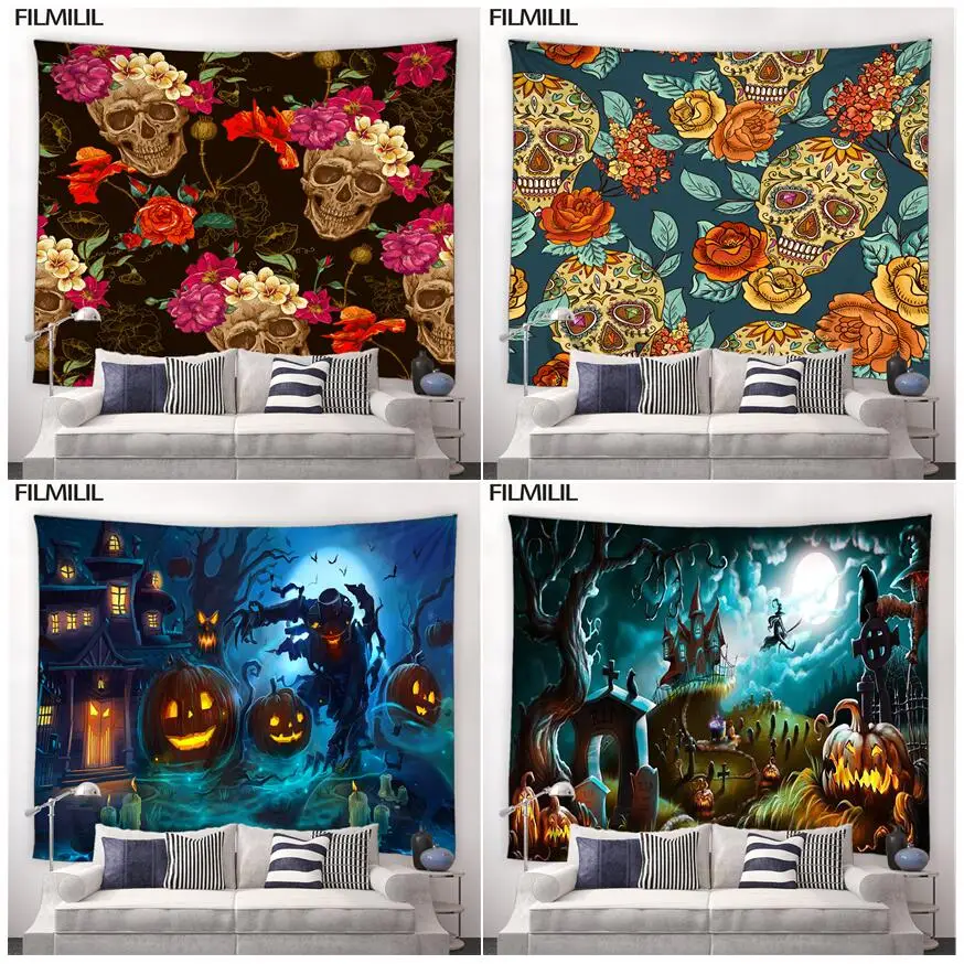 

Гобелен на Хэллоуин, тыква, фонарь, цветок, Череп, украшения для вечевечерние НКИ на Хэллоуин, стандартное Психоделическое настенное украше...