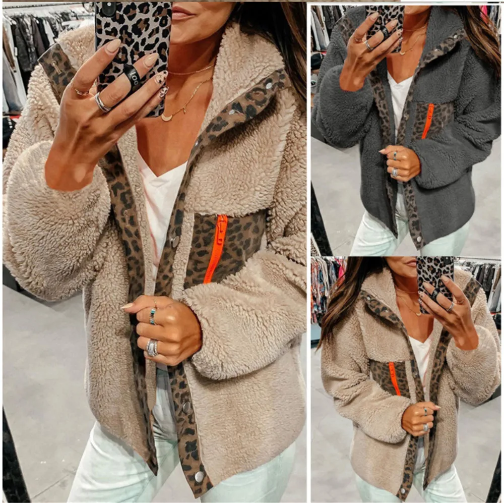 

Fleece Jacket Leopard Printed Panelled Single Breasted Zip Pocket Jacket Coat Casual Loose Warm Outerwear