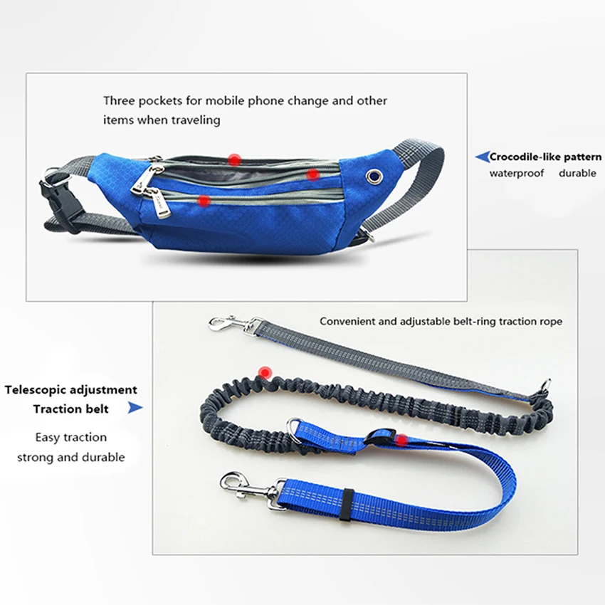 

Dogs Leash Waist Pocket Waterproof Hands Free Multi Function Dog Belt Running Product Elasticity Adjustable Waist Dog Leashes