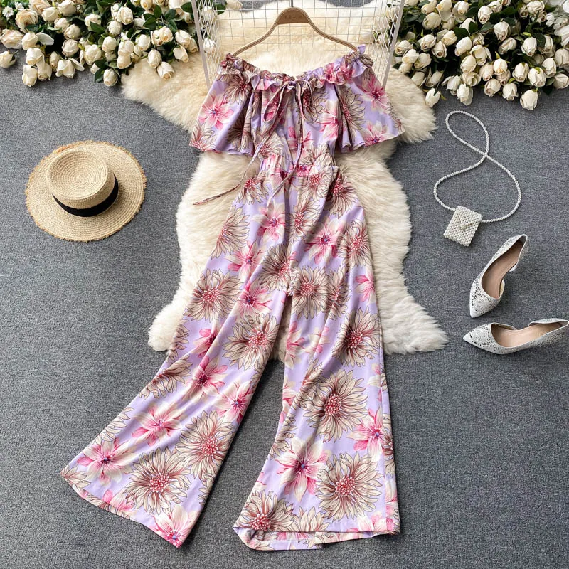 

Summer New Style Sweet Fungus Side Neckline Strapless Flared Sleeves Slim Long Wide-leg Pants Women's Jumpsuit DK532