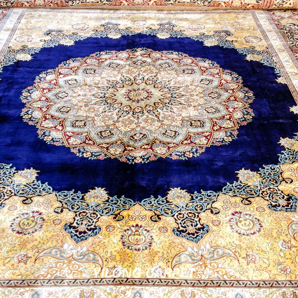 Beste Yilong 9 'X 12.14' Qum Zijde Kleed Grote Blauwe Handgemaakte Perzische Zijden Tapijt Dubbele Knopen (ZQG423)