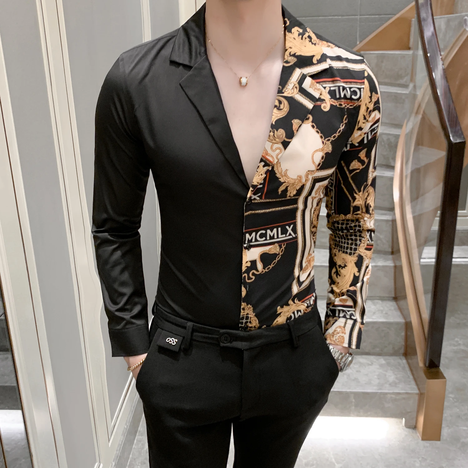 Высокое качество мужская рубашка с цветочным принтом белая черная для ночного