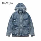 Джинсовая куртка-карго с капюшоном для мужчин и женщин, винтажная уличная одежда с множеством карманов, джинсовая куртка, модная верхняя одежда