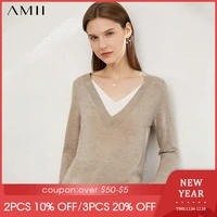 amii minimalism winter sweater for women elegant vneck patchwork pullover new clothes lady knitted tops female sweaters 12160041