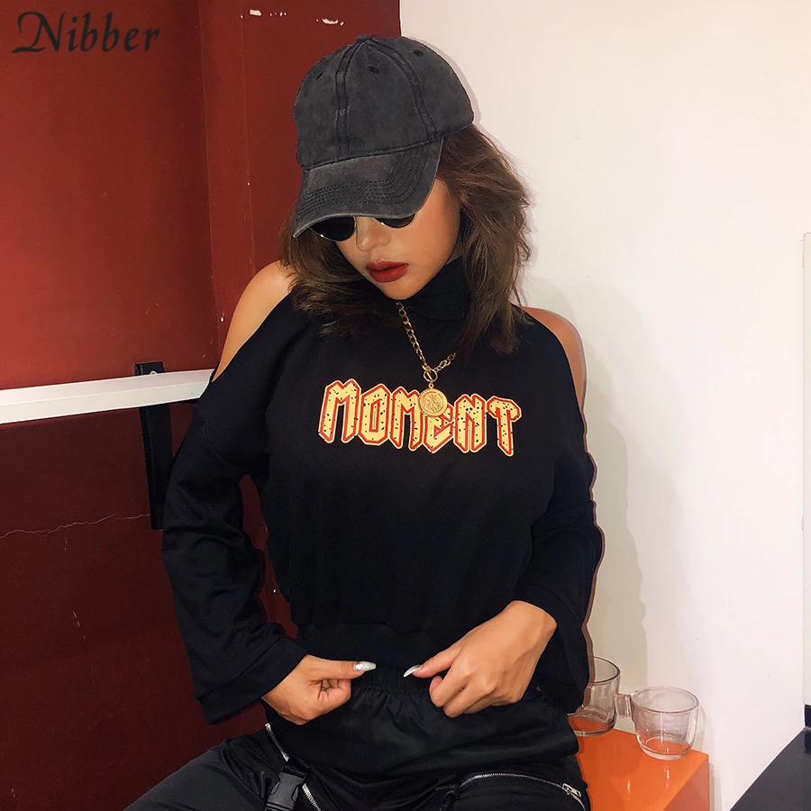 Nibber Осень Хип-хоп стиль свободная толстовка для отдыха Топы женские черные с буквенным принтом полый длинный рукав Уличная Повседневная Толстовка mujer