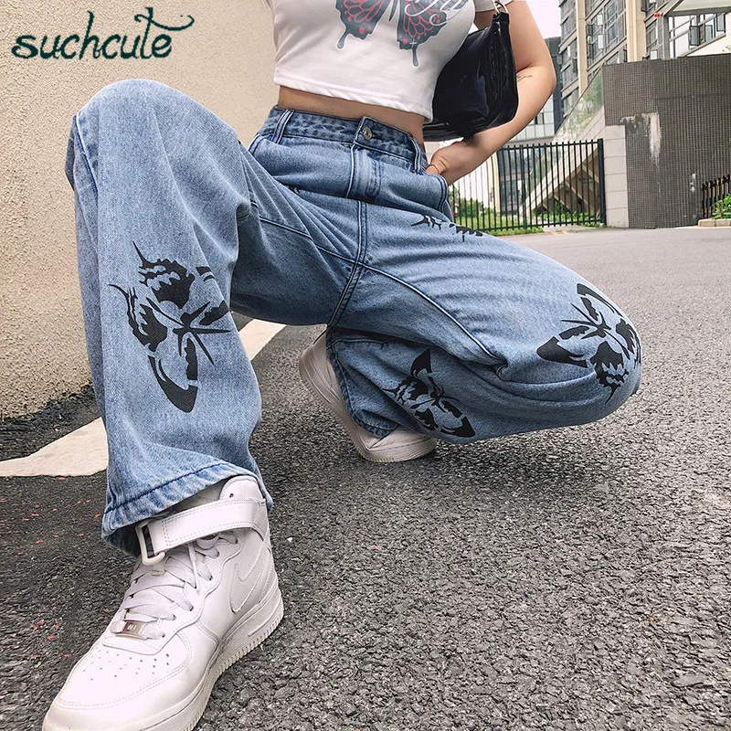 SUCHCUTE с принтом бабочки женские джинсы штаны опущенным низом широкие брюки для