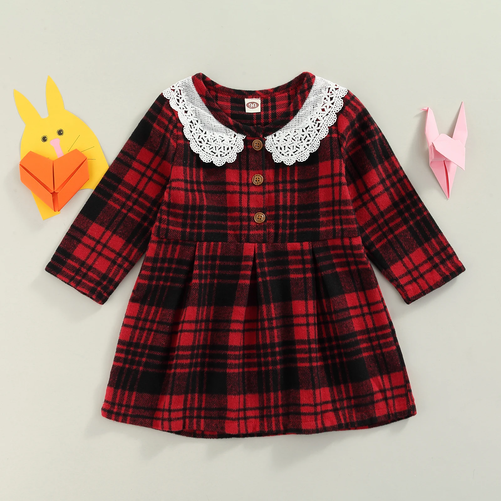 

Осеннее клетчатое платье для девочек, повседневная юбка с длинным рукавом и кружевом, на пуговицах, для детей 1-8 лет, красного цвета