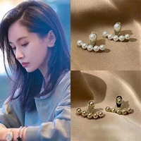 korean fashion back hanging earrings for women gold color round bead pearl stud earrings luxury paired jewelry accessories gifts