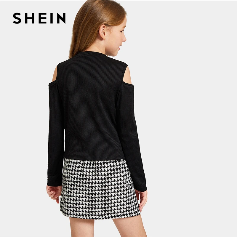 SHEIN/Детский комплект из двух предметов: черная трикотажная футболка с открытыми плечами и юбка в ломаную клетку, г. Осенний повседневный комплект из двух предметов с длинными рукавами