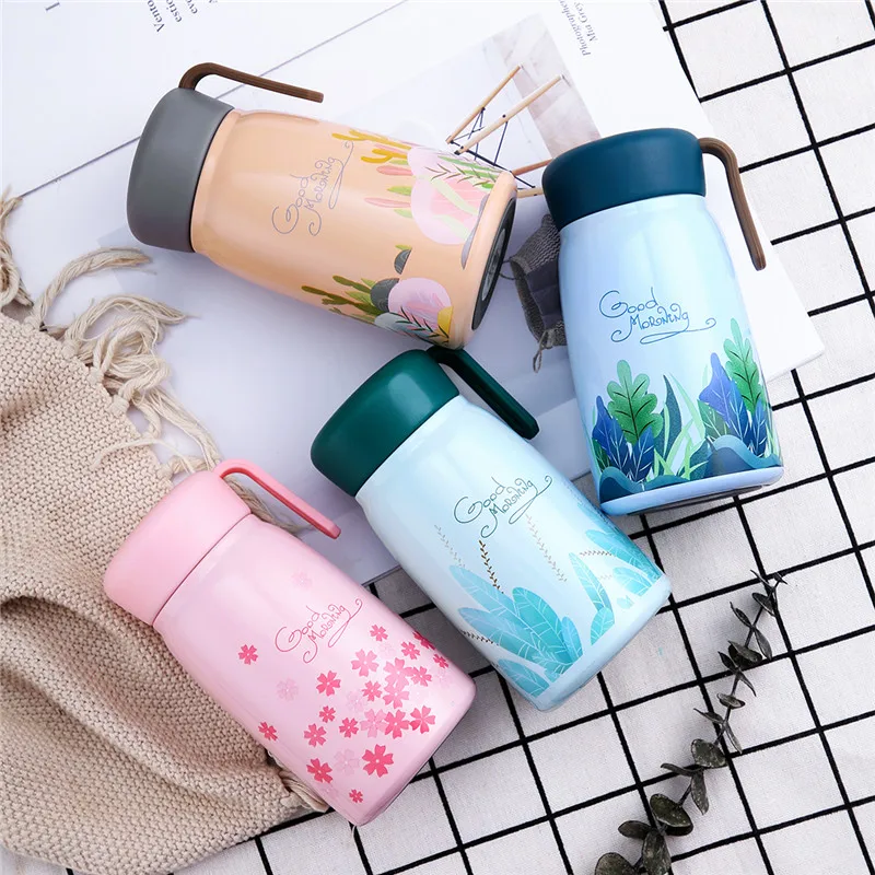 Детская пищевая бутылка сладкая термокружка из нержавеющей стали 304 для горячей воды с портативной веревкой для детей школьного возраста 380 мл.