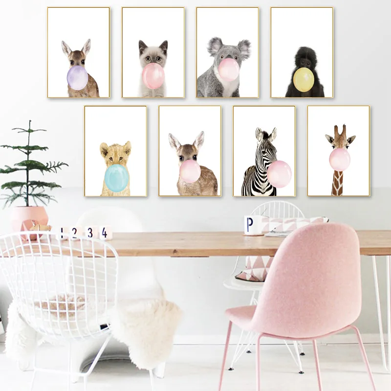 

Nursery Style Animal Blowing Bubble Canvas Paintings Zebra Giraffe Nordic Wall Art Pictures for Interior Room Home Decor Poster