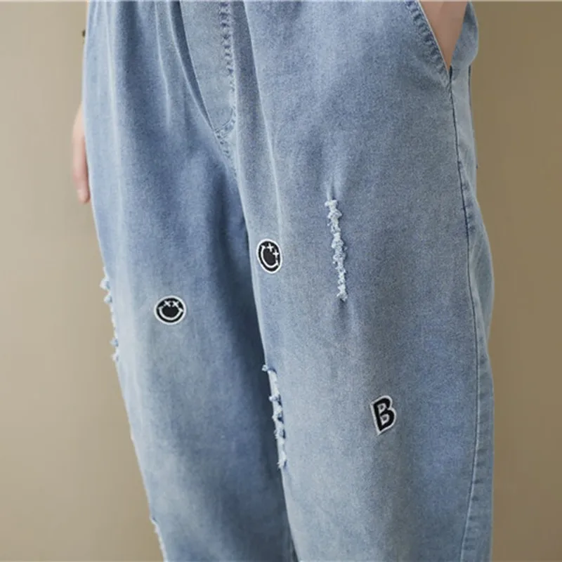 

Women Summer Ankle-length Casual Jeans New Arrival 2021 Fashion Simple Style Elastic Waist Loose Female Denim Pants B261
