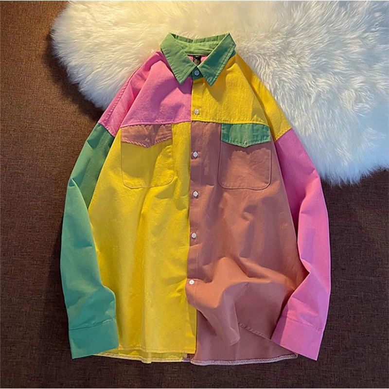

women shirts designer long sleeve top y2k Tie-dye Color Block Patchwork Shirt Streetwear Loose Blouse Female Harajuku Design