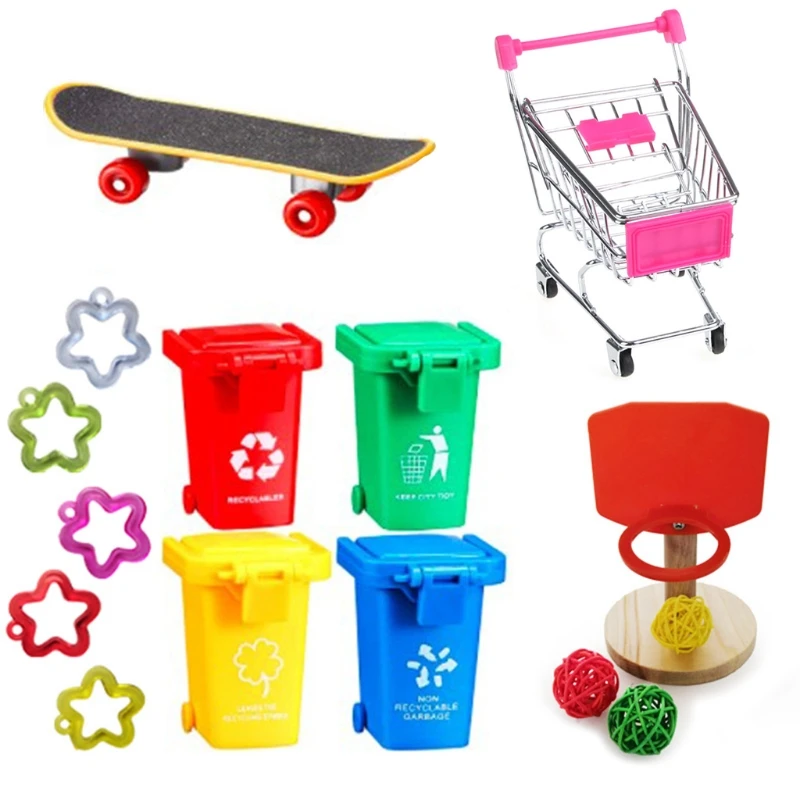 

Bird Training Toys Set Skateboard Garbage Cans Basketball Hoop Toy Mini Shopping Cart Plastic Star for Parrots Playing