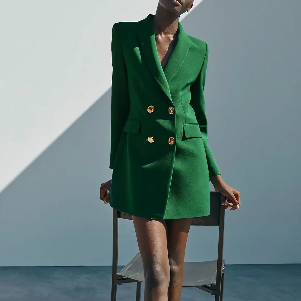 

BM UR HM ZA Women's 2021 Early Autumn New Fashion Green Long Coat Double-breasted Long Sleeve Ladies Elegant Suit Jacket
