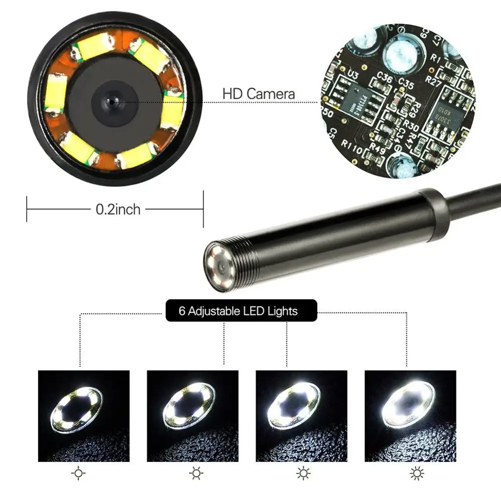 5.5mm 7mm Endoscope Camera 6 LEDs Adjustable 1M/1.5M/2M/3.5M/5M Flexible IP67 Waterproof Inspection Borescope For Android | Инструменты