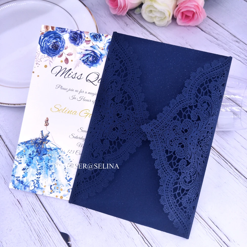 Темно-синие кружевная лазерная резка свадебные приглашения Сделай Сам