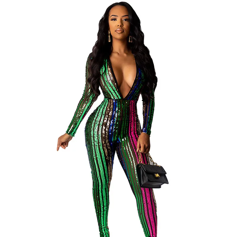 Модный женский комбинезон с глубоким v образным вырезом и длинным рукавом