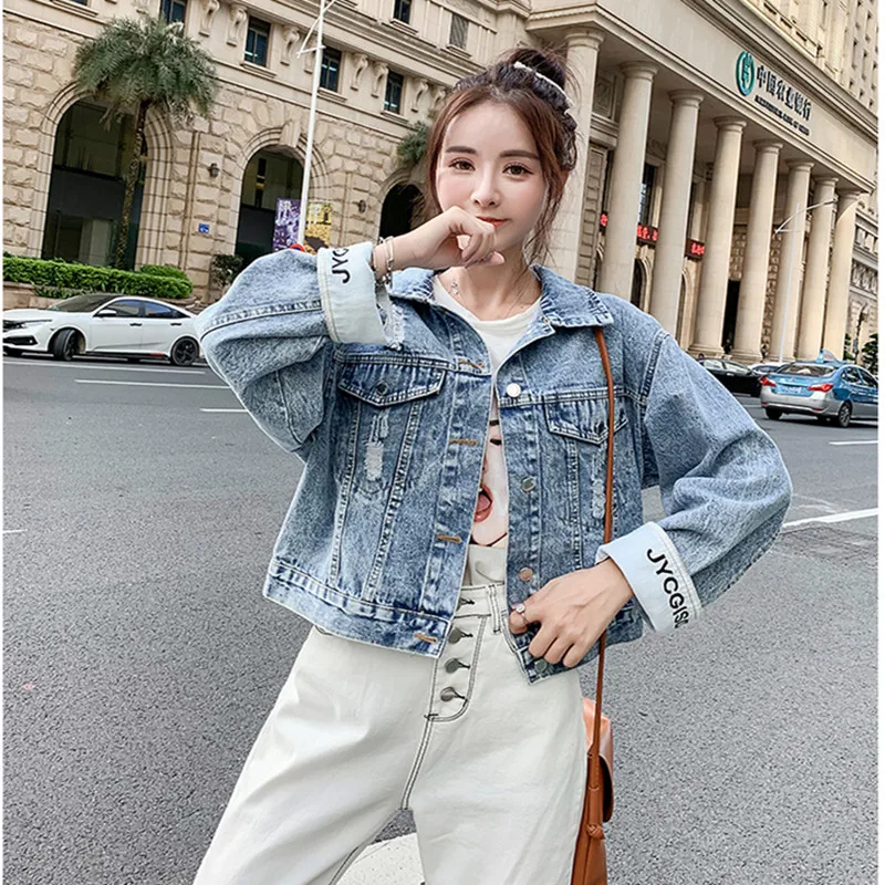 2019 Новая модная джинсовая куртка с буквенным принтом светло-голубой бомбер