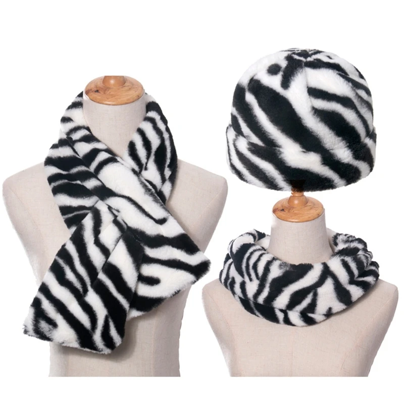 

3Pcs Unisex Zebra Stripes Beanie Hat with Scarf Set Thicken Fuzzy Plush Outdoor Windproof Cuffed Skull Cap Neck Warmer