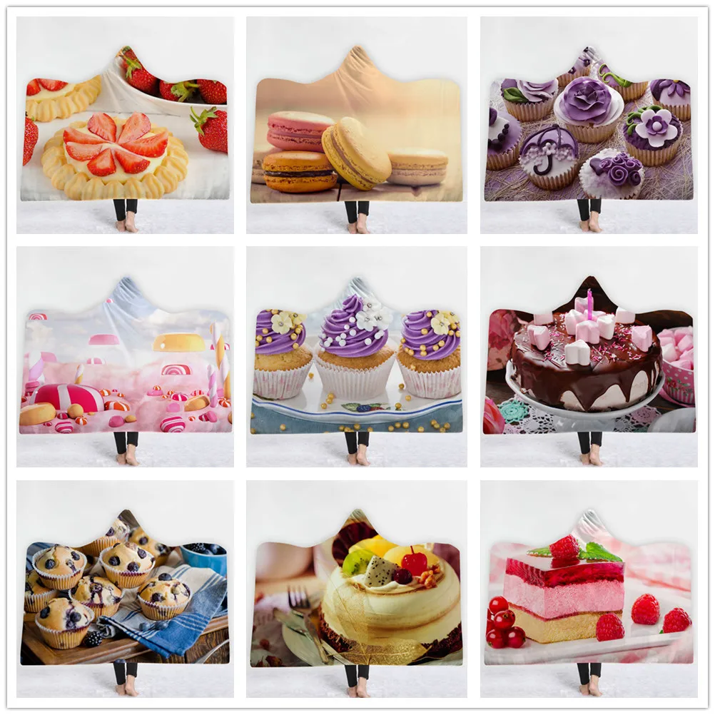 Мягкое теплое Флисовое одеяло с капюшоном и принтом десертов пирожных макарон